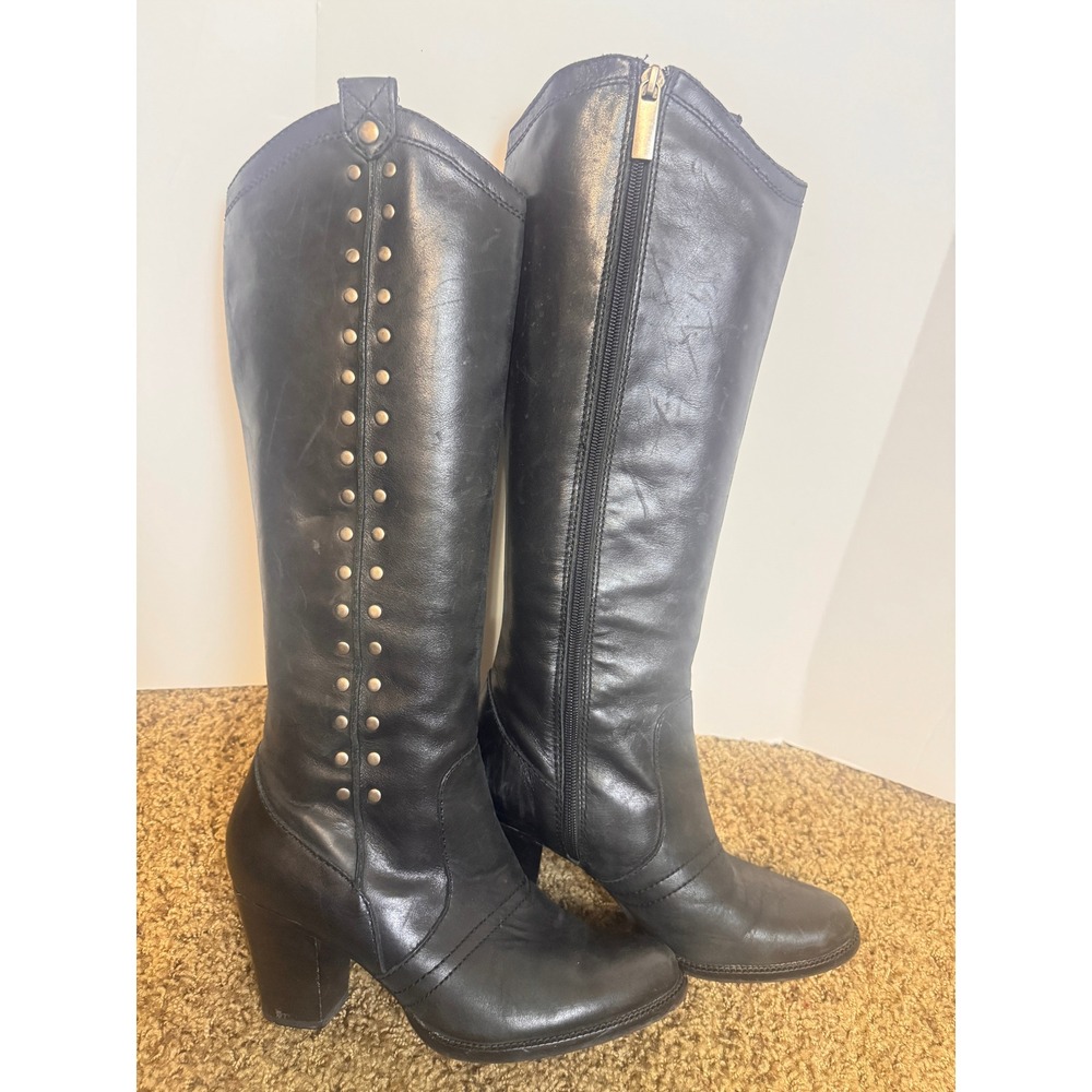 Reba Black Leather Studded Knee High Boots Size 7 Western Block Heel Rusty